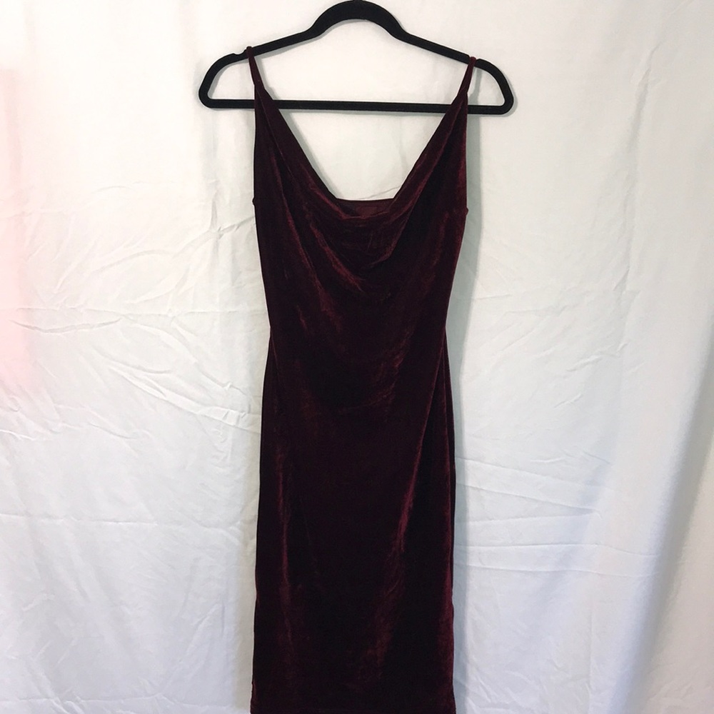 Burgundy maroon colored Velvet bodycon cowel dress